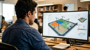 Engenheiro de planejamento analisando modelo 3D de layout de canteiro de obras em computador